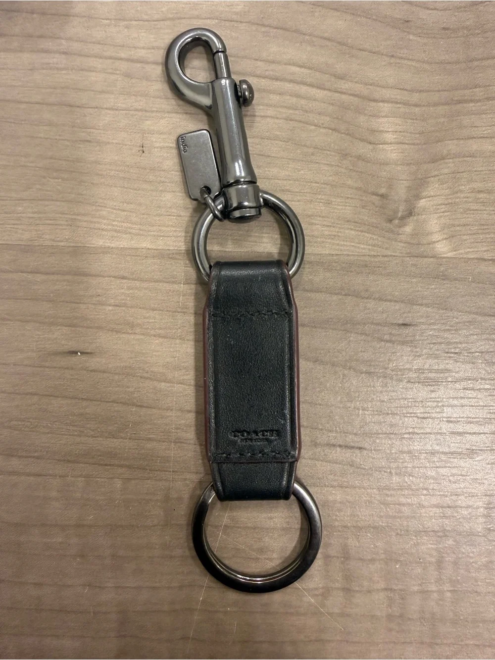 Coach Black Leather Key Ring with Gunmetal Hardware